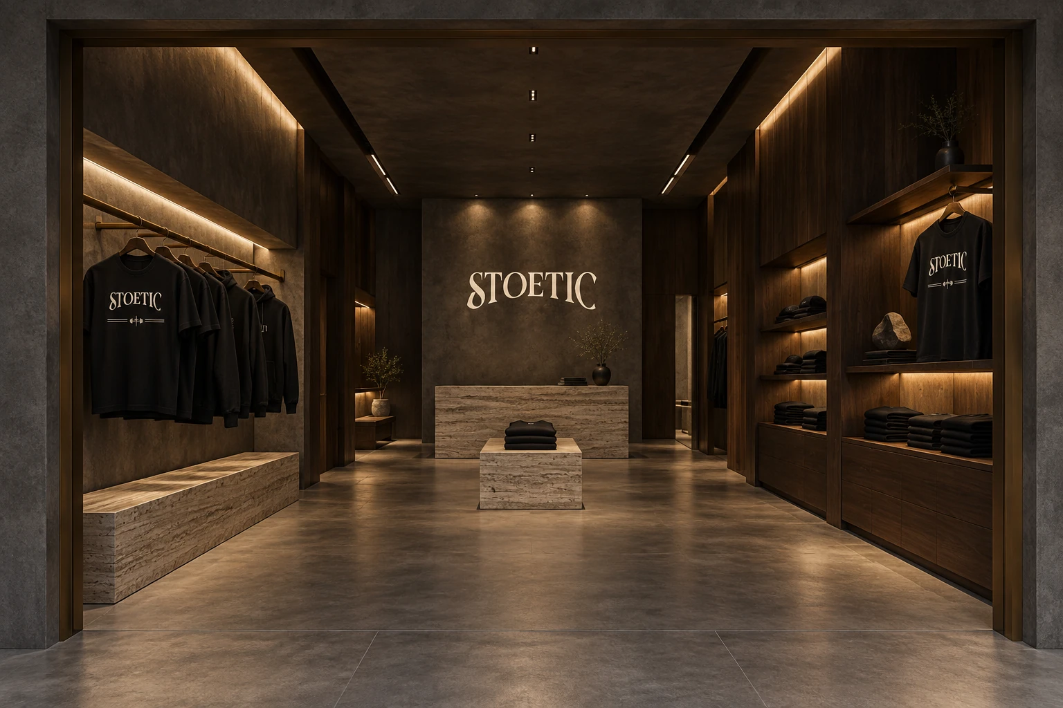 Concept interior of a dark, architectural Stoetic clothing boutique